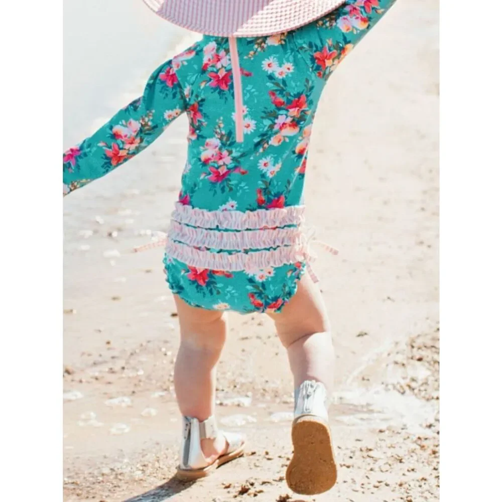 RuffleButts green and pink floral back zipper rash guard one piece swim 6-2 m